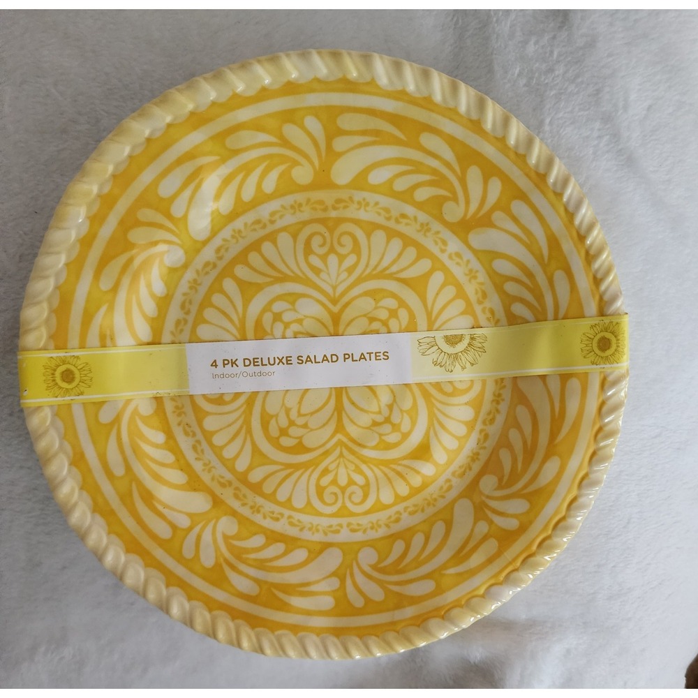 NEW Set of 4 Melamine Salad Plates Yellow Medallion Outdoor Picnic Plates
